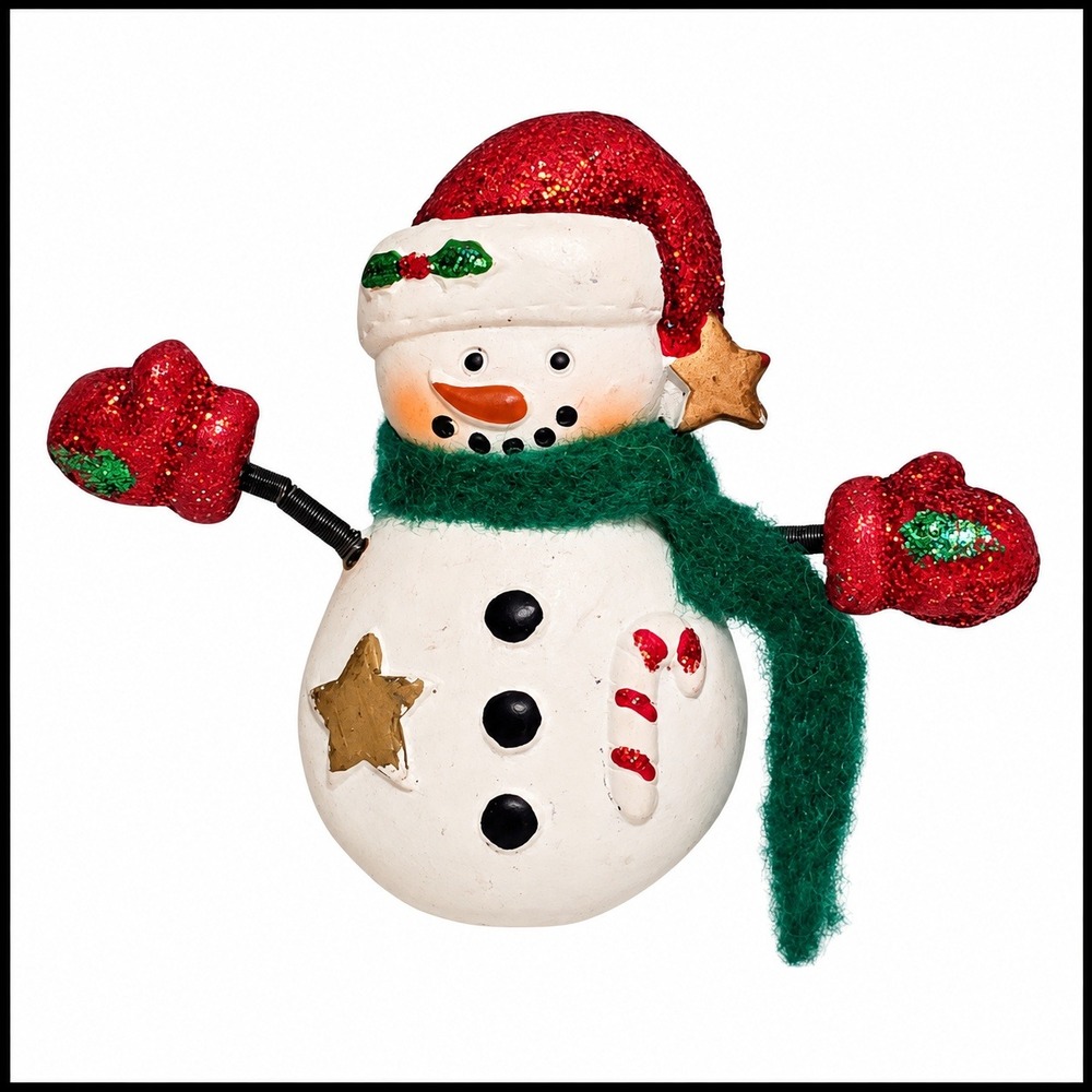 Vintage Style Snowman Brooch Red Glitter Hat Green Scarf Christmas Pin